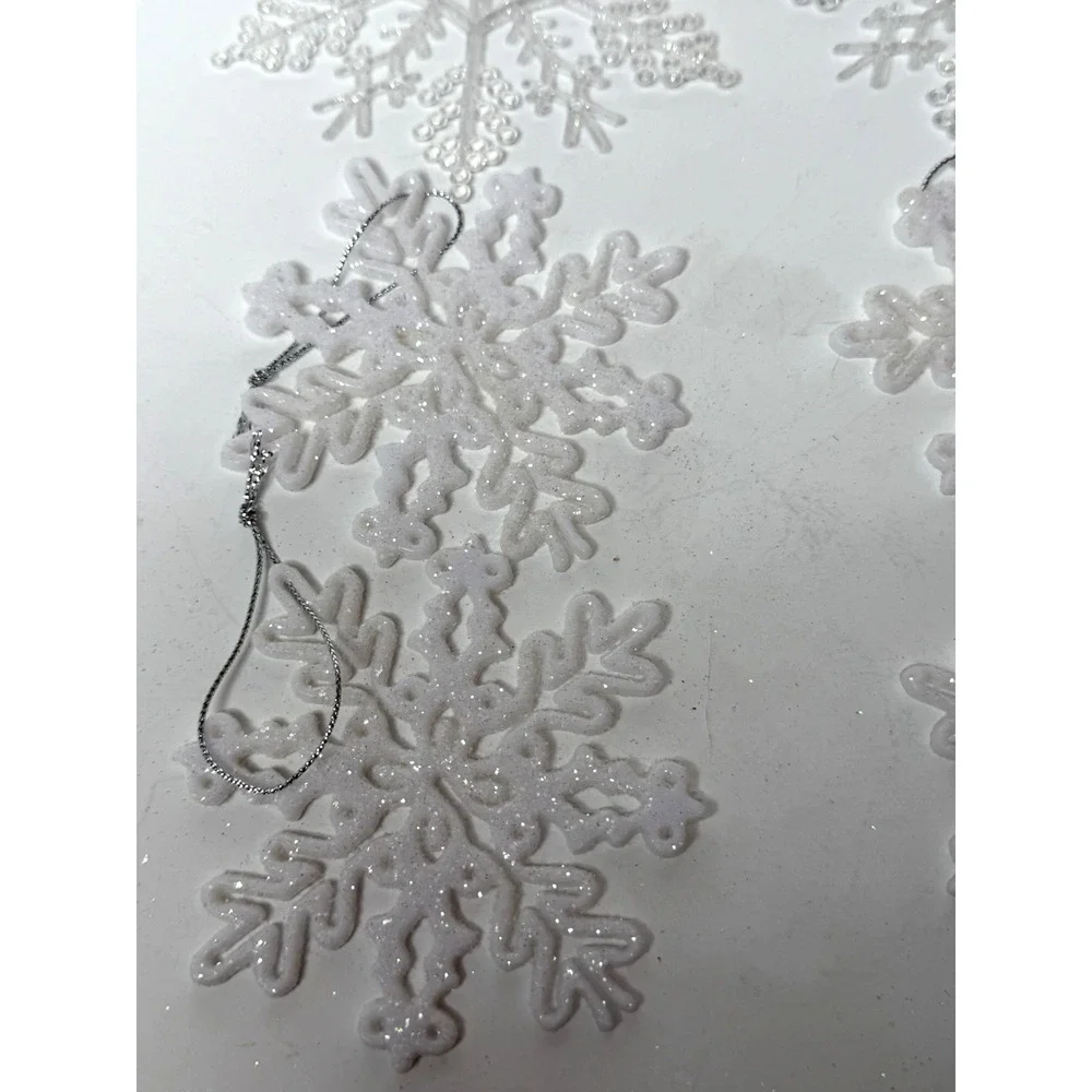 Lot 12 Snowflake Christmas Ornaments White Clear & Opaque Glitter Plastic Winter